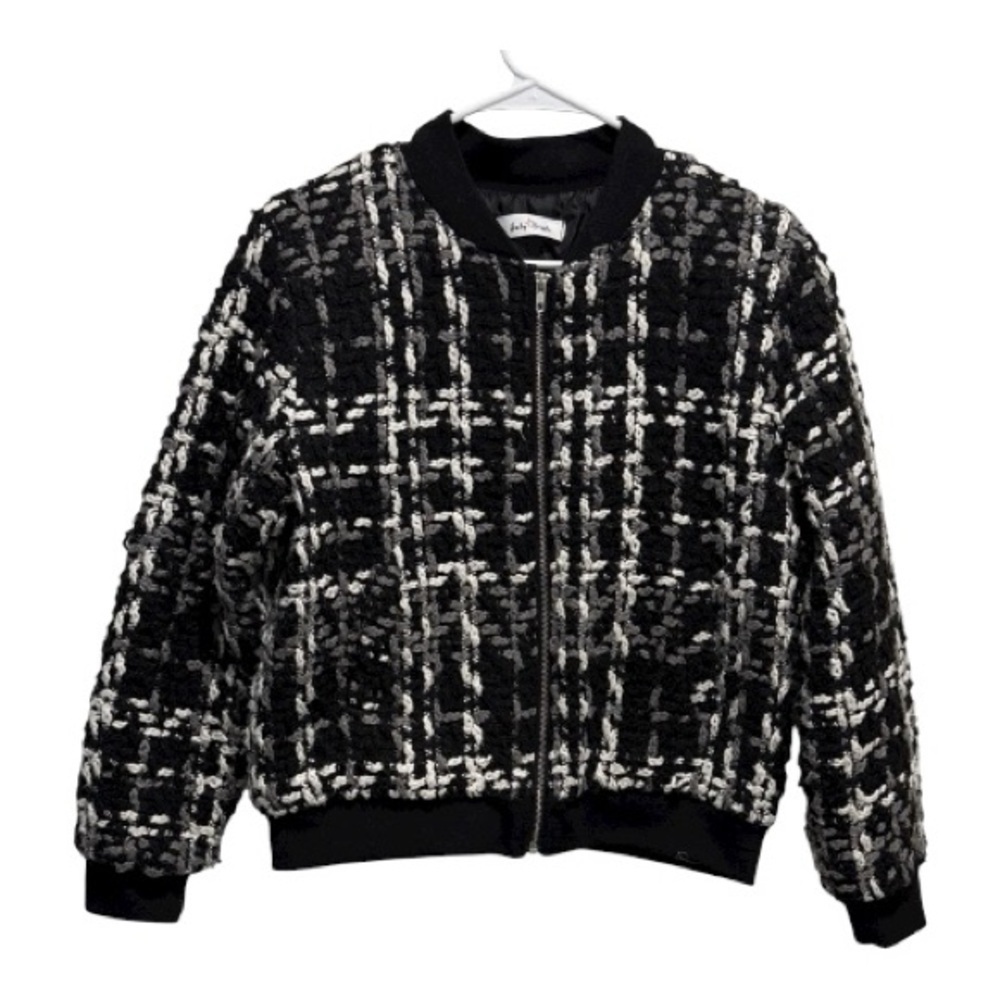 Women’s Black & White Bouclé Plaid Bomber Jacket – Stylish Textured Zip Up